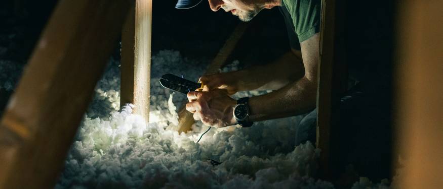 A person inspecting and cleaning attic mold with visible mold patches on wood and insulation