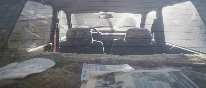 A car interior with a dehumidifier bag on the dashboard, windows free of fog, and no visible moisture